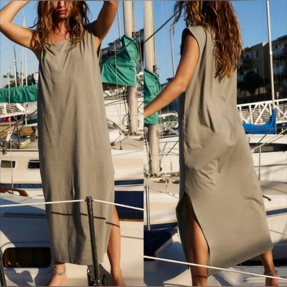 Free People FP Beach Crew Neck Maxi Dress one shoulder twist with pockets
